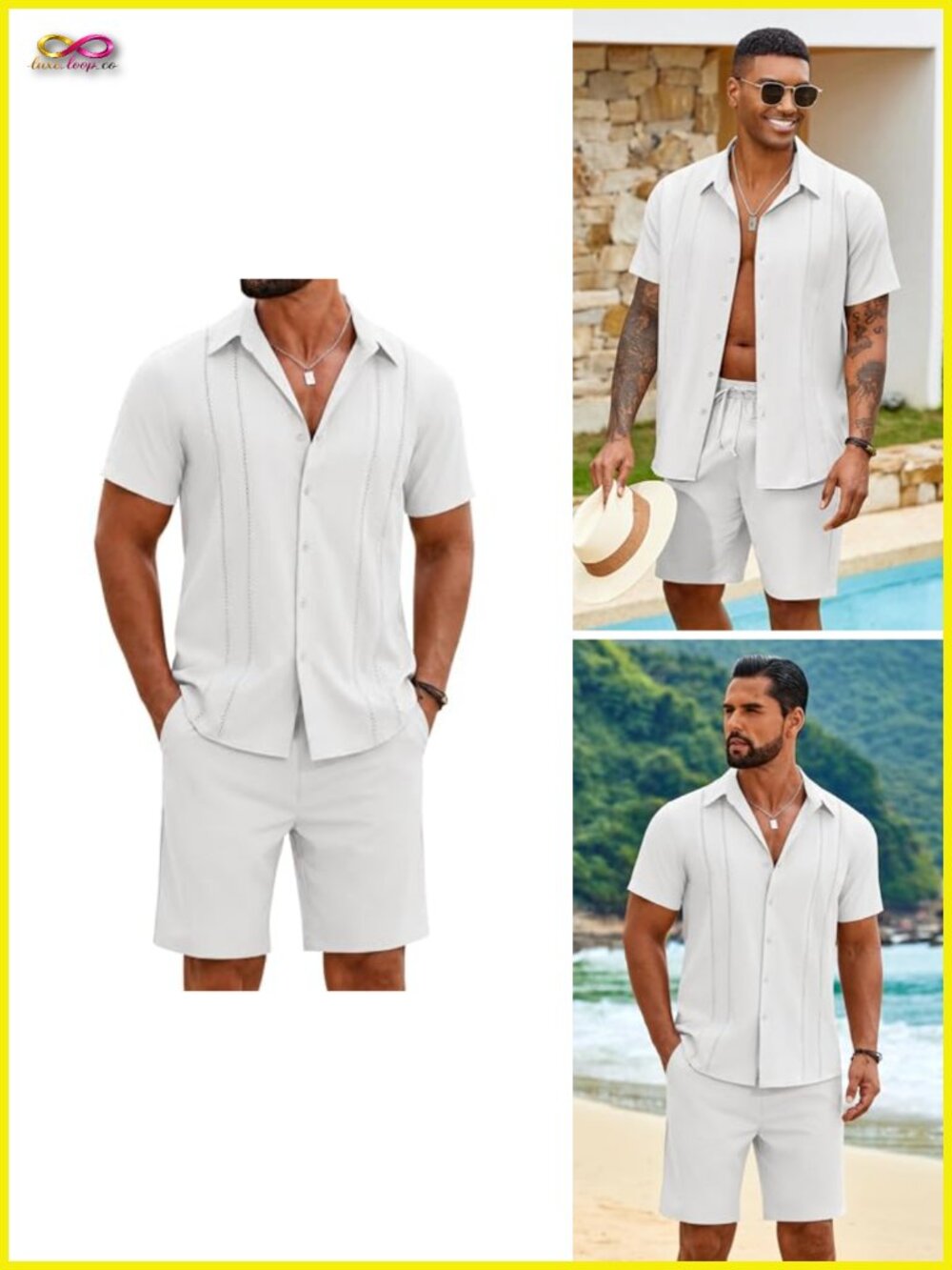 Men's 2 Piece Guayabera Short Sleeve Shirt and Shorts Summer Beach Vacation Set